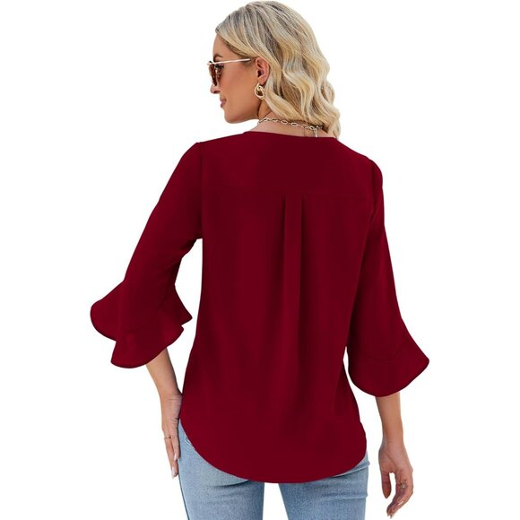 Chiffon Blouse Women Ruffle Sleeve V Neck Casual Dressy Top Medium - Picture 4 of 4